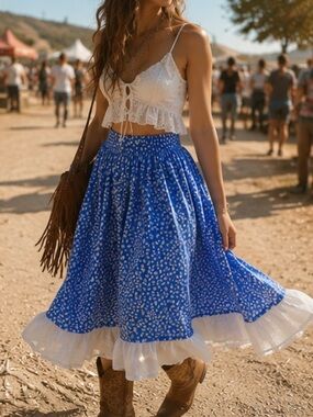 Vintage Cottagecore Prairie Skirt Boho Ruffle Trim Blue White Floral Calico